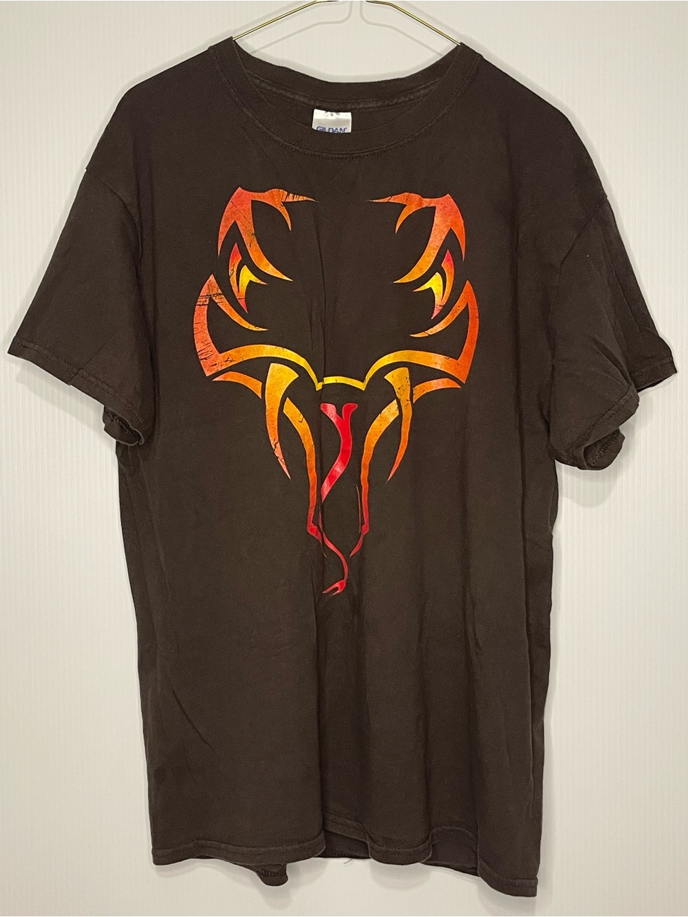 Gildan Black Tee with Orange and Yellow Tribal Graphic